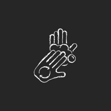 Rub Palms With Fingers Chalk White Icon On Dark Background. Regular Handwashing. Covering Hands With Soap Lather. Lathering Palms With Fingertips. Isolated Vector Chalkboard Illustration On Black