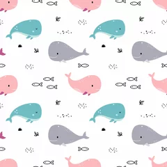 Poster Walvis en vissen in zee. Naadloos roze patroon voor het naaien van kinderkleding en het bedrukken van verpakkingspapier. Eindeloos behang voor meisjeskamer. Illustratie baby cartoon. © Полина Екимова