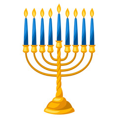 Happy Hanukkah illustration of menorah with candles. Icon in cartoon style. - obrazy, fototapety, plakaty