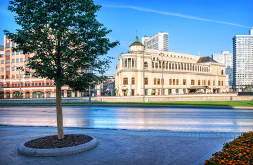 Prague restaurant building and empty boulevard in Moscow on a summer morning