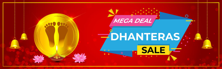 Vector Dhantera Big Sale banner, up to 50% off, lotus, diya, on beautiful bokeh background. Limited offer. assured an gift