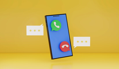 3D Rendering : Illustration of smartphone with call-in and call-out  icon. yellow background. smart gadget technology concept. contact each other. background concept for technology content.