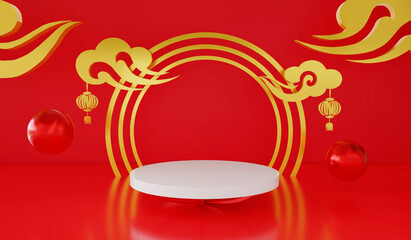 3D Rendering : Illustration of Empty podium or pedestal display on Red and gold Background. Blank product shelf standing backdrop. Luxury product display. Chinese festival theme decorate concept.