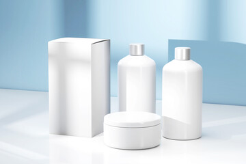 3D Rendering : illustration of blank cosmetic container mock-ups Cosmetic Bottle Set for liquid, cream, gel, lotion. Beauty product package, blank templates of transparent and white plastic.