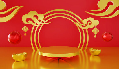 3D Rendering : Illustration of Empty podium or pedestal display on Red and gold Background. Blank product shelf standing backdrop. Luxury product display. Chinese festival theme decorate concept.