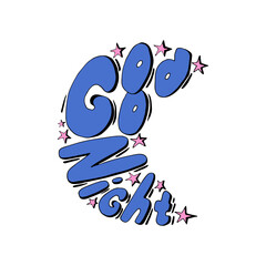 Good night doodling blue lettering, moon shape, crescent moon, pink star, hand contour drawing. Isolated, white background. Vector illustration