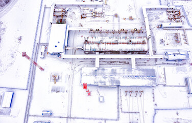 Gas pumping station in the winter. View from above