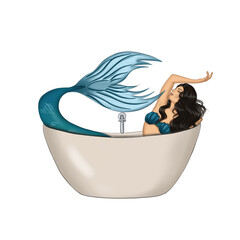 Brunette Hair | Mermaid In The Bath | Hand Drawn Illustration	