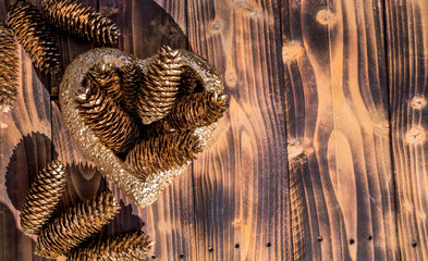 Autumn background. Autumn leaves and cones on wooden table. Top view copy space. Flat Lay, autumn winter background