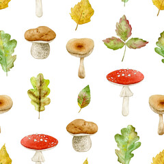 Fototapeta na wymiar Watercolor seamless pattern with autumn leaves and forest mushrooms. Isolated on white background. Hand drawn clipart. Perfect for card, textile, tags, invitation, printing, wrapping.