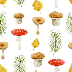Watercolor seamless pattern with autumn leaves, pine and forest mushrooms. Isolated on white background. Hand drawn clipart. Perfect for card, textile, tags, invitation, printing, wrapping.