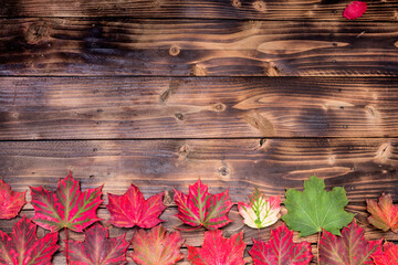 Fototapeta premium Autumn background. Red and Orange Autumn Leaves on wooden background. Flat lay autumn composition with copy space