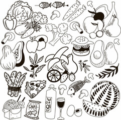 Vector set of food icons for culinary book. Different fruits, desserts, drinks and kitchen objects