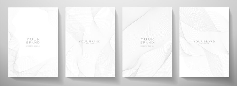 Contemporary technology cover design set. White background with grey line pattern (guilloche curves). Premium vector tech backdrop for formal  business layout, digital certificate, brochure template