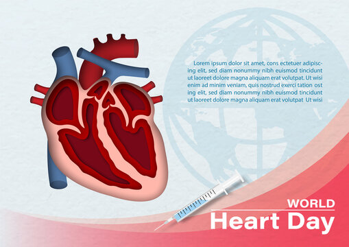 A half and inside image of human heart in paper cut style with the name of event and example texts on global and white paper pattern background. Poster's campaign of World heart day in vector design.