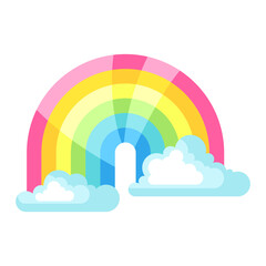 Illustration of clouds and rainbow in sky.