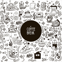 Vector set of food icons for culinary book. Different fruits, desserts, drinks and kitchen objects