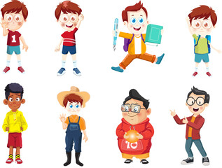 Group of young children cartoon boys characters set