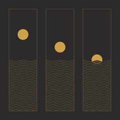 Abstract sunrise contemporary aesthetic vector set with sunrise and geometric waves. Black and gold colors. Mid century modern minimalist art wall decor. Simple lines design. 