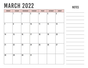 Calendar March 2022 with simple landscape design