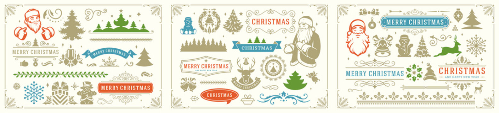 Christmas vector decoration elements with ornate vignettes and symbols set.