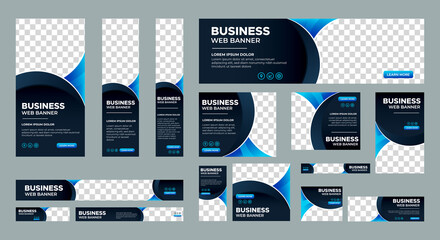 Black and Blue banner design web template Set, Horizontal header web banner. Modern Gradient Blue cover header background for website design, Social Media Cover ads banner, flyer, invitation card
