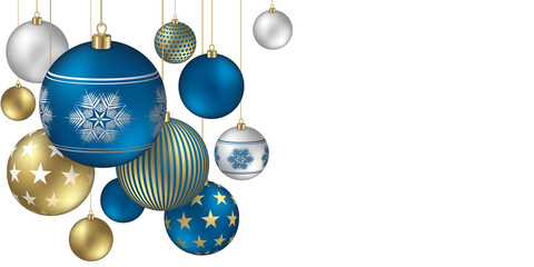 Hanging gold and blue Christmas balls banner - Christmas and happy new year design