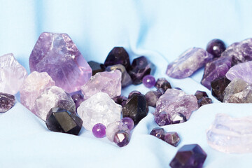 Beautiful purple natural gemstone amethyst. Cleansing natural stones. Lithotherapy and Chakrology