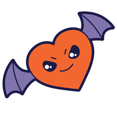 Illustration of bat heart in cartoon style. Happy Halloween angry character.
