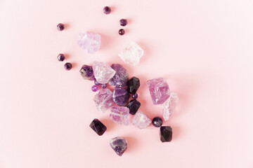 Beautiful purple natural gemstone amethyst. Cleansing natural stones. Lithotherapy and Chakrology