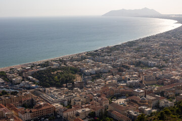 Obraz premium Aerial view of city Terracina on bright sunny day