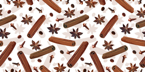  seamless pattern with cinnamon, coffee beans, seasoning cloves