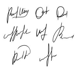 Vector collection of isolated personal fictitious signature autographs on the white background. Sign up set for manual documents, business contract, certificate, agreement, letters.