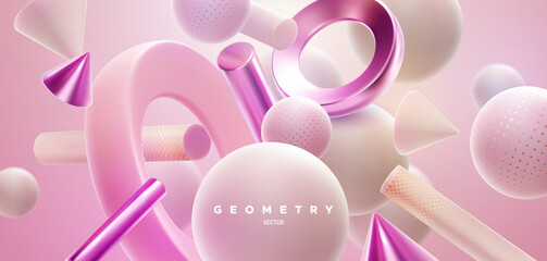 3d pastel magenta geometric shapes cluster. Abstract elegant composition