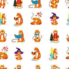Deurstickers Robot Tiger in cartoon style. Vector seamless pattern with isolated tigers illustrations. Happy New Year 2022. Chinese horoscope. Merry Christmas. Background endless texture template. Sport winter holidays