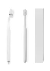 White toothbrush realistic 3d vector illustration isolated top view, side view and packing box. Dental hygiene