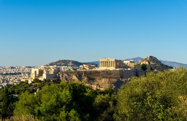 Fototapeta premium View of the acropolis from the monument to Filopappou, at sunset