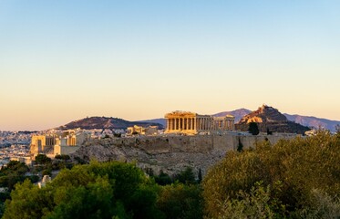 View of the acropolis from the monument to Filopappou, at sunset