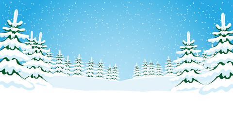 Winter illustration with snowy trees on blue background.