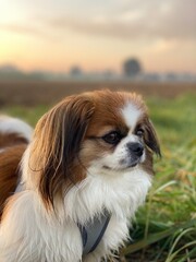 Kleiner Hund bei Sonnenaufgang am Feldrand. Landleben mit Haustieren ein Traum für Naturliebhaber. Tibet Spaniel, Tibetan Spaniel, Tibetspaniel, Tibetanspaniel, Pekinese, Shi Tzu