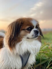Kleiner Hund bei Sonnenaufgang am Feldrand. Landleben mit Haustieren ein Traum für Naturliebhaber. Tibet Spaniel, Tibetan Spaniel, Tibetspaniel, Tibetanspaniel, Pekinese, Shi Tzu