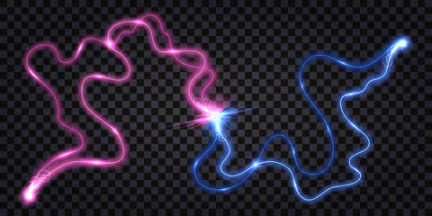 Electric discharge wave swirl, clash shock effect, blue vs pink lightning thunder bolt. Glowing light, wavy electrical wire cable, power energy explosion. Vector illustration