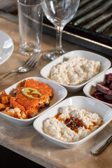 Different types of meat grilled on Barbecue on the table, Served with special Turkish appetizers and Turkish raki.