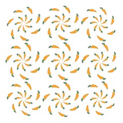 Cartoon style illustration of orange carrots with decorative waves. Great design elements for a sticker, postcard, print, or poster. Unique pattern isolated on a white background. The art of food.