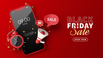 Black Friday Sale with smartphone and alarm clock