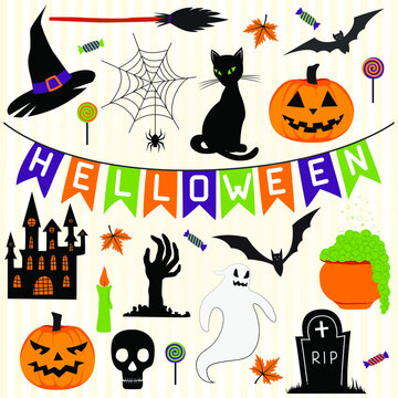 Halloween set with black cat, broom, bats, hat, spider webs, pumpkins, castle, cauldron, zombie hand, ghost, candles, grave, letter flags, leaves and candy.