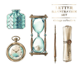 Set of hand drawn digital illustrations of vintage stationery objects with golden decoration, hourglass, watch, parchment for books, graphic design, package, posters, web design, labels, postcards