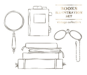 Coloring page with set of hand drawn digital illustrations of vintage books with labels, magnify glass, pince-nez for books, graphic design, package, posters, web design, labels, postcards