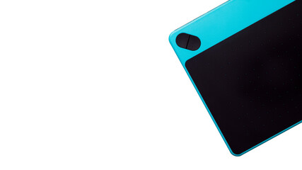 Isolated blue graphic tablet with pen on white background