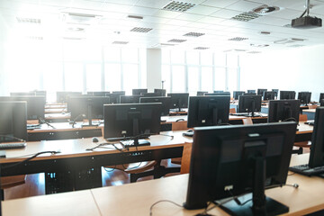 Empty open plan office with multiple workstations